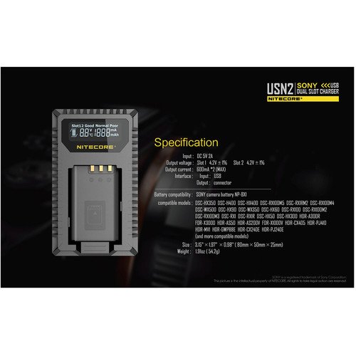 Nitecore USN2 Sony USB Dual Slot Charger for NP-BX1 Battery